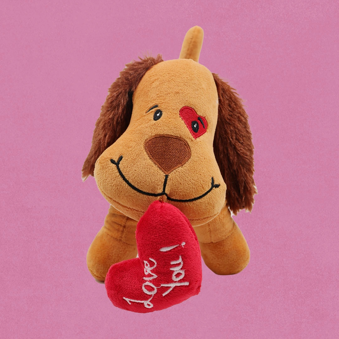 Ultra Cute Plush Dog with Love You Red Heart Stuffed Toy 9 Inch Brown